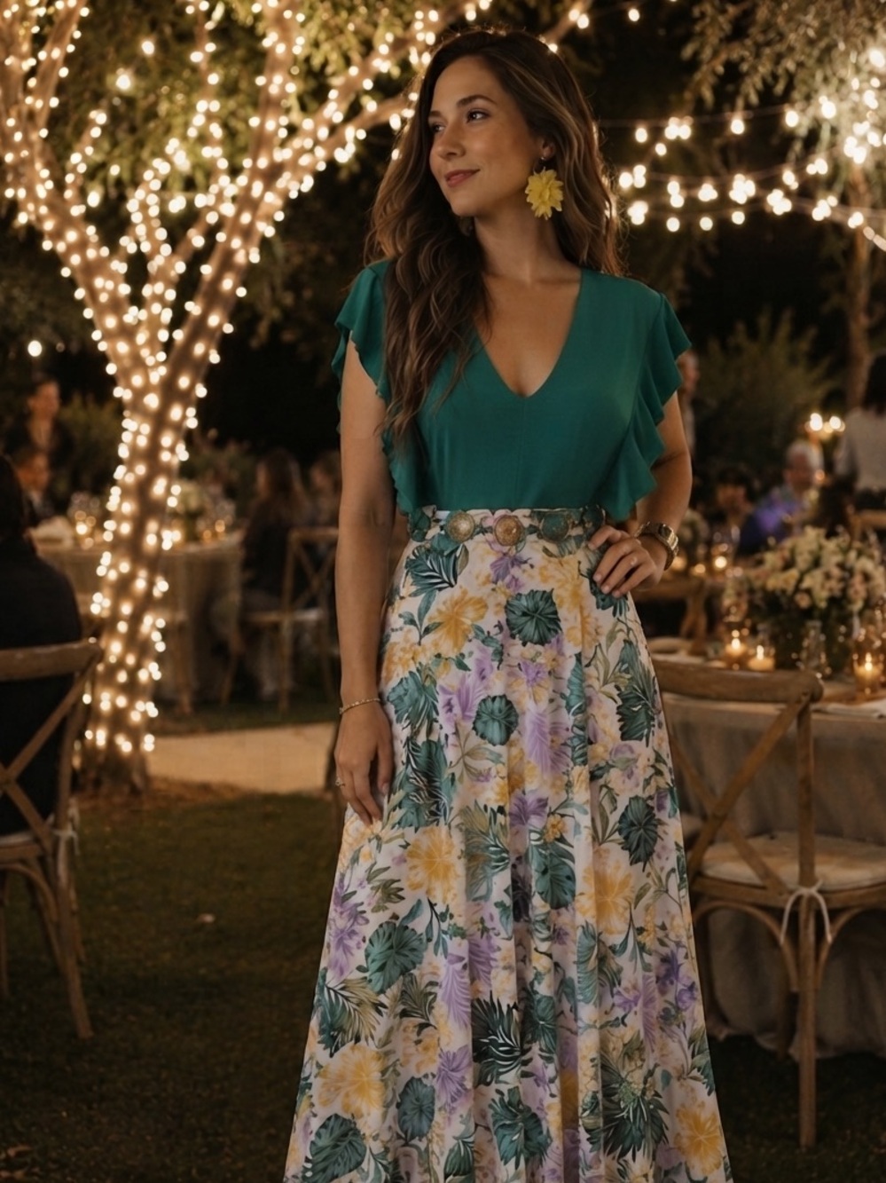 Teal V-Neck Flutter Sleeve Maxi Dress with Tropical Floral Skirt